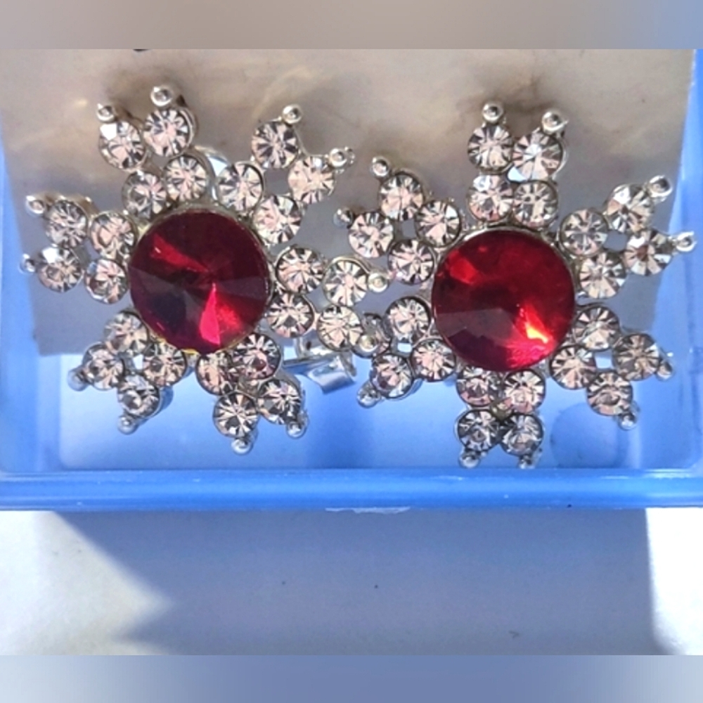 Ruby & White Crystal Snowflake Earrings MUST BUNDLE